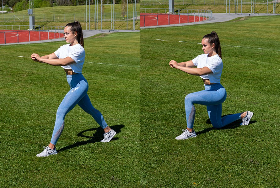 Tytt� treenaa ja tekee k�velyaskelkyykkyj�.