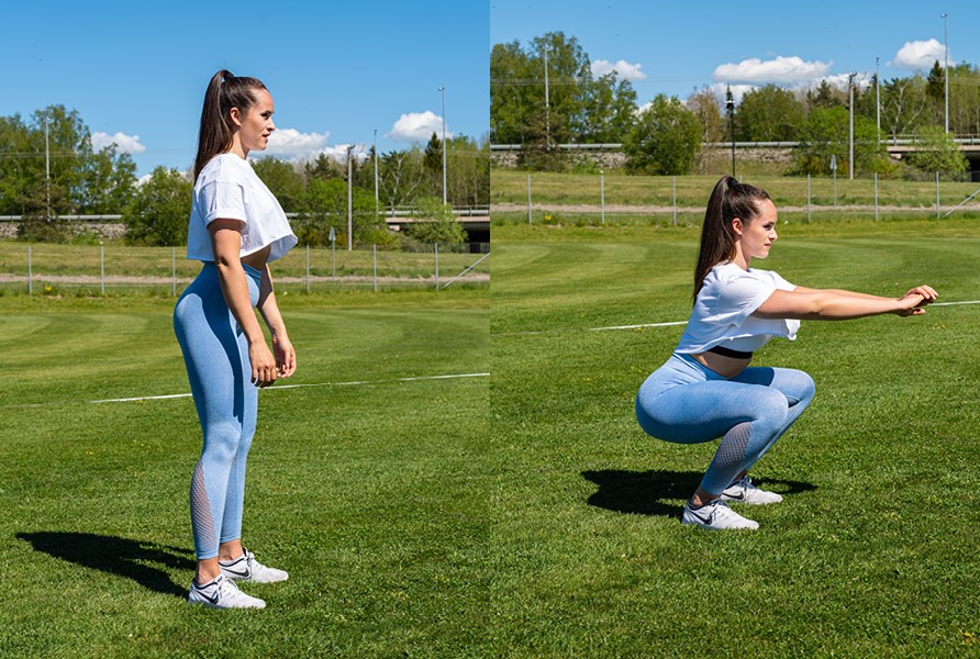 Tytt treenaa ulkona ja tekee kyykkyj.