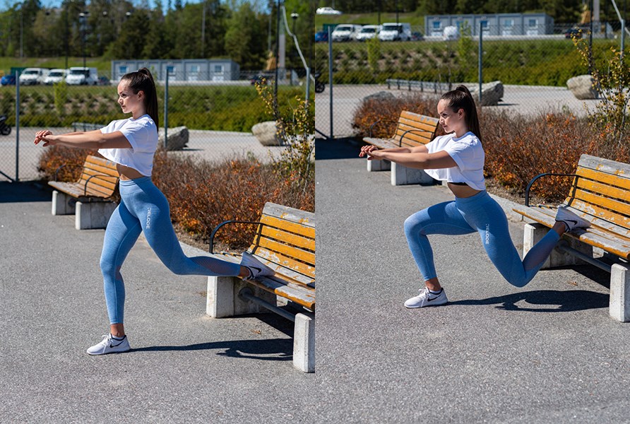 Tytt treenaa ulkona ja tekee bulgarialaisia askelkyykkyj.