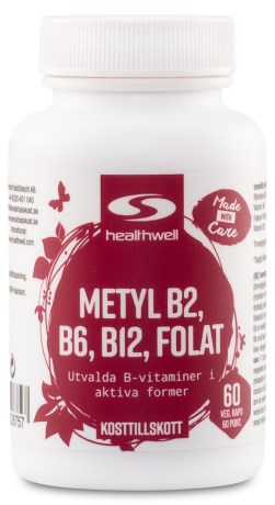 Pienoiskuva Healthwell B6-, B12-vitamiinit & Folaatti Metyloitu, 60 kapselia