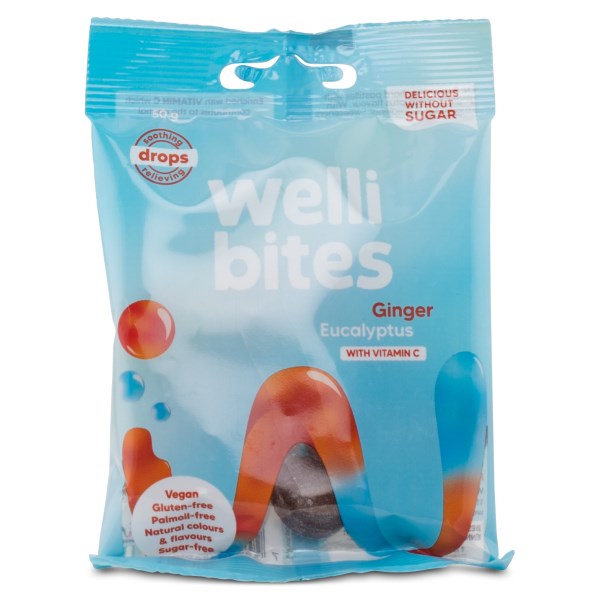 Wellibites Drops C-vitamiinilla, Inkivääri & Eukalyptus, 50 g